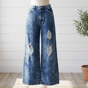 Brisk Wide Leg Jeans Blue Acid Wash‎ Distressed Ripped Denim Grunge Skater 33/11
